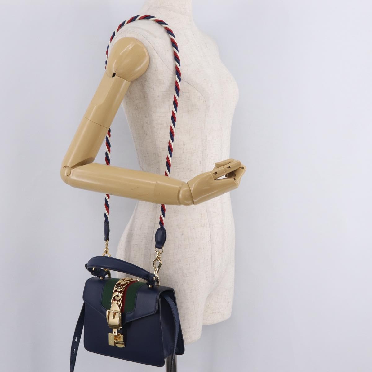 GUCCI Web Sherry Line Silvi Hand Bag Leather 2way Navy Gold 470270 Auth ep16603V
