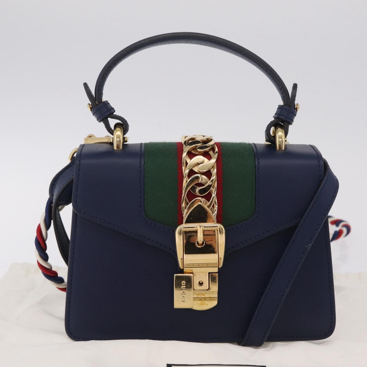 GUCCI Web Sherry Line Silvi Hand Bag Leather 2way Navy Gold 470270 Auth ep16603V