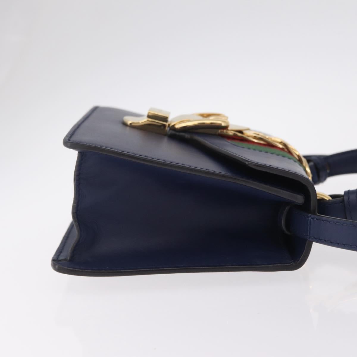 GUCCI Web Sherry Line Silvi Hand Bag Leather 2way Navy Gold 470270 Auth ep16603V