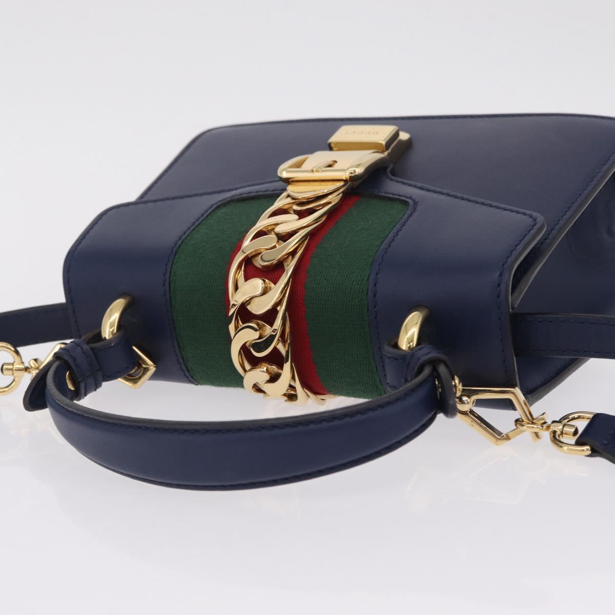 GUCCI Web Sherry Line Silvi Hand Bag Leather 2way Navy Gold 470270 Auth ep16603V
