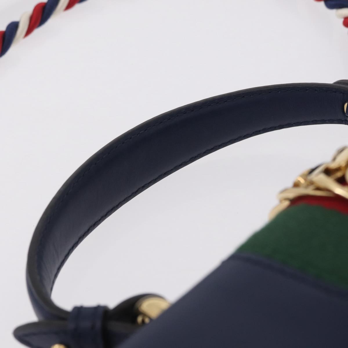GUCCI Web Sherry Line Silvi Hand Bag Leather 2way Navy Gold 470270 Auth ep16603V