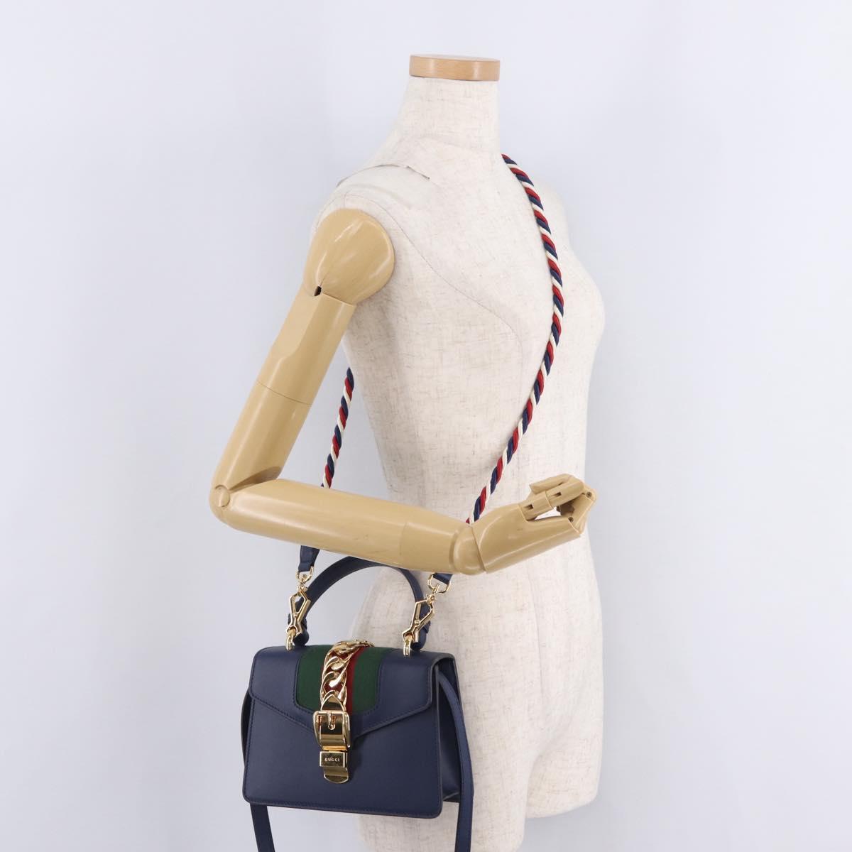 GUCCI Web Sherry Line Silvi Hand Bag Leather 2way Navy Gold 470270 Auth ep16604V