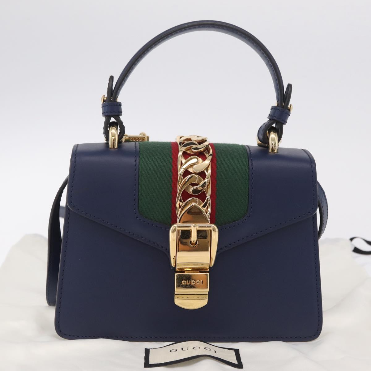 GUCCI Web Sherry Line Silvi Hand Bag Leather 2way Navy Gold 470270 Auth ep16604V