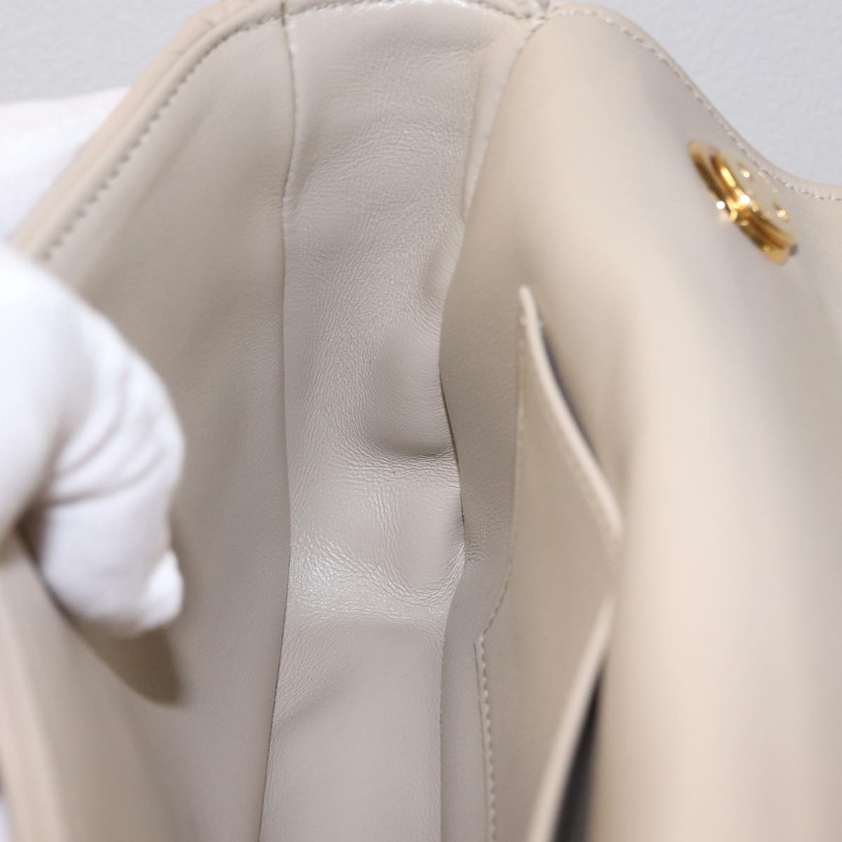 CELINE Chain Shoulder Bag Leather Beige Gold Tone Auth ep16645M