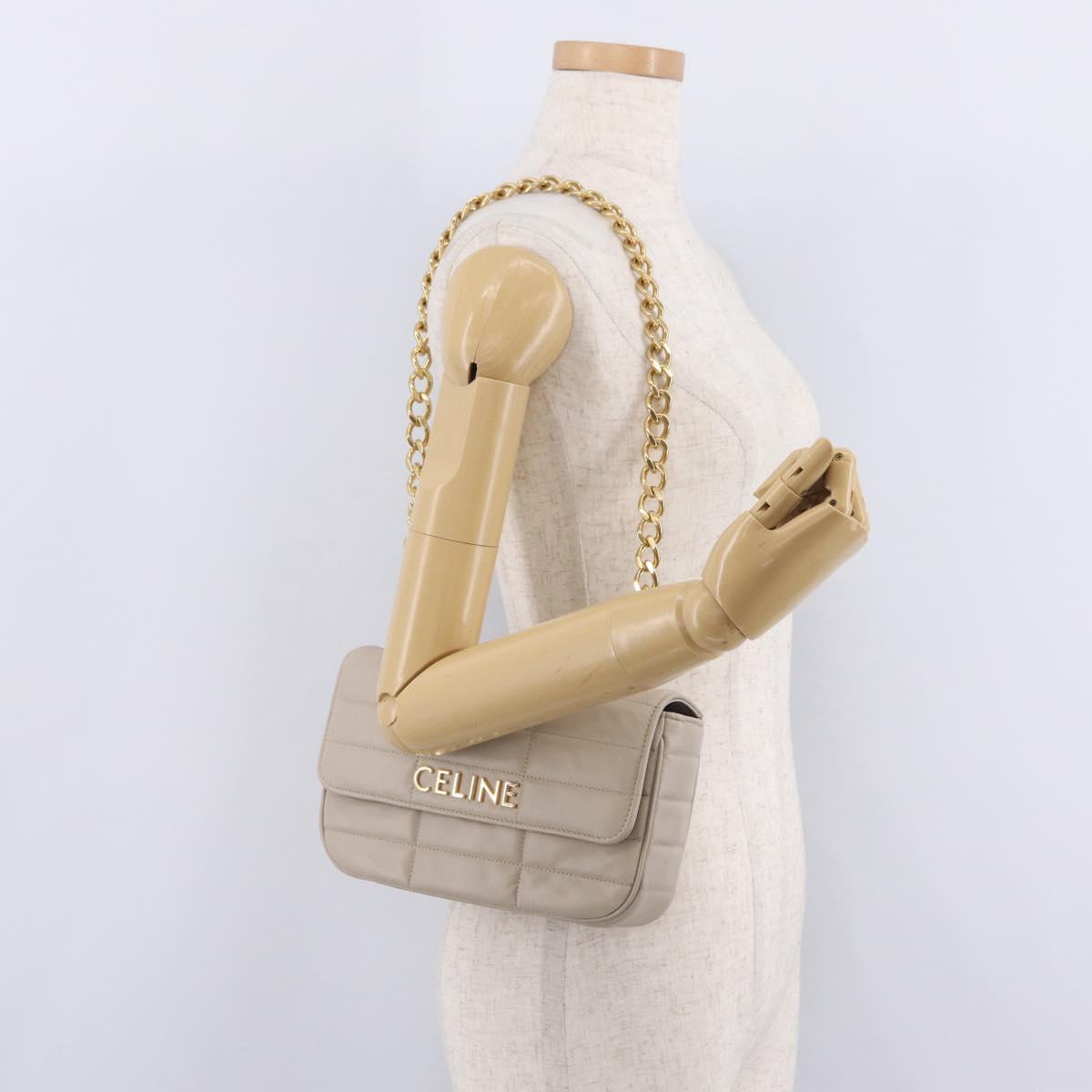CELINE Chain Shoulder Bag Leather Beige Gold Tone Auth ep16645M