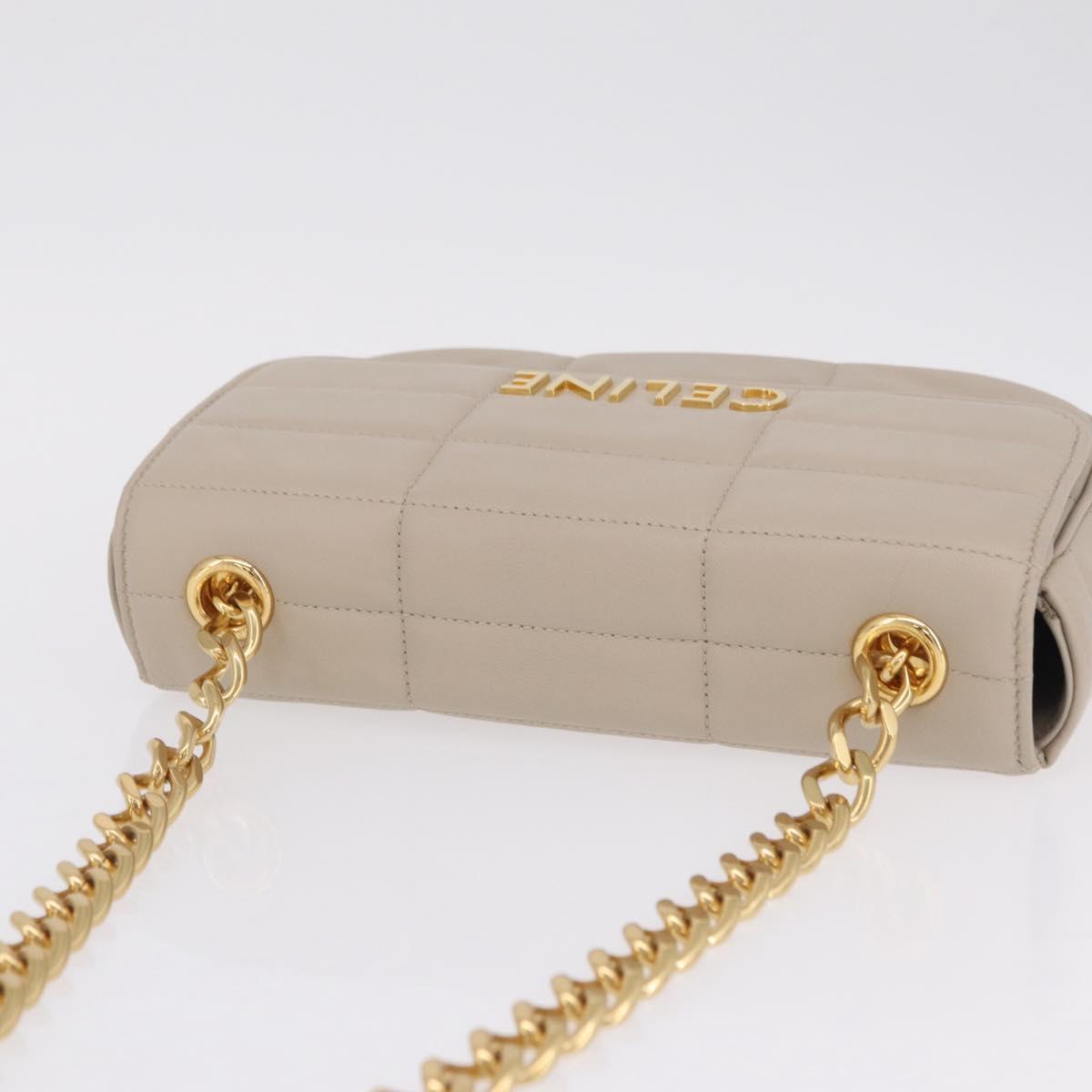CELINE Chain Shoulder Bag Leather Beige Gold Tone Auth ep16645M