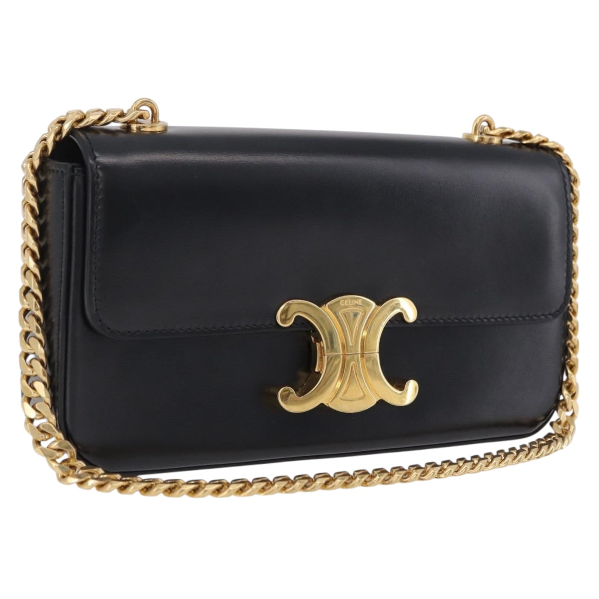 CELINE Triomphe Chain Shoulder Bag Leather Black Gold Tone Auth ep16652M
