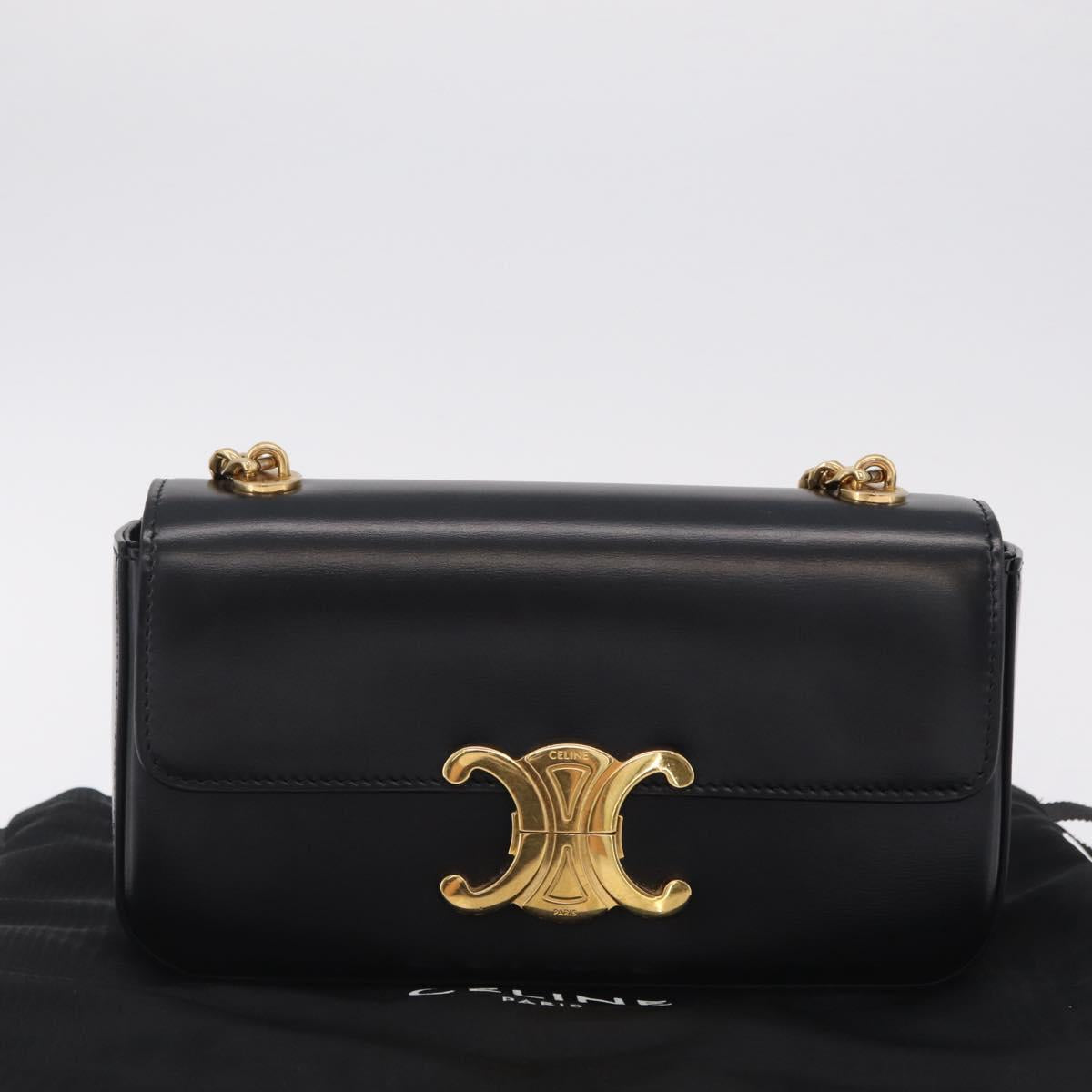 CELINE Triomphe Chain Shoulder Bag Leather Black Gold Tone Auth ep16652M