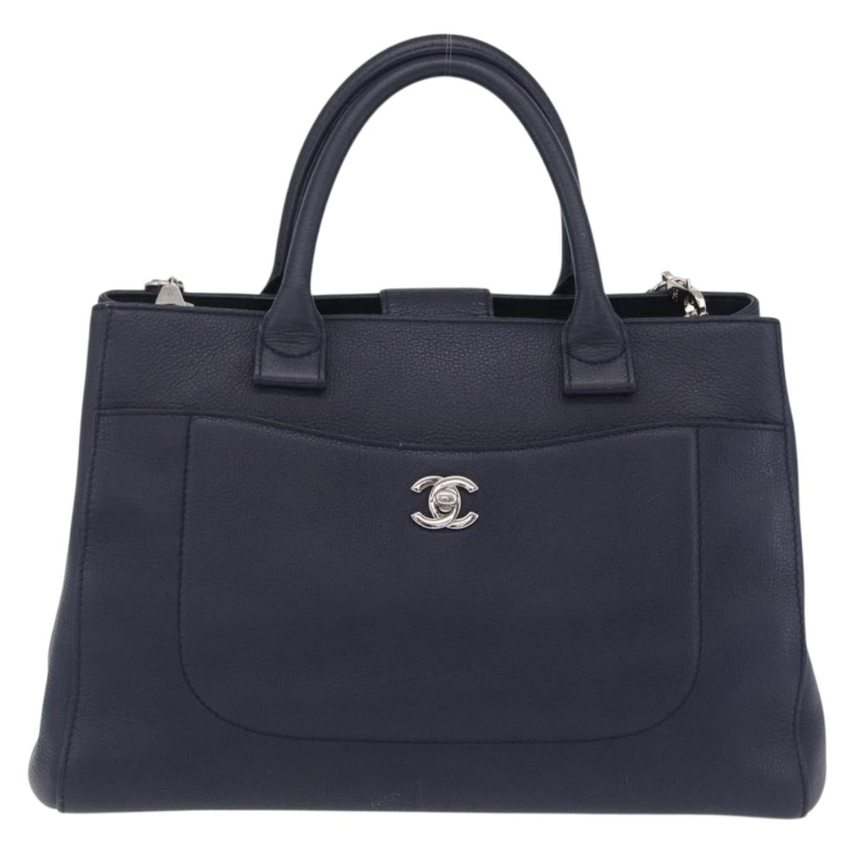 CHANEL Neo Executive Hand Bag Leather 2way Navy Silver CC Auth ep16658SAM