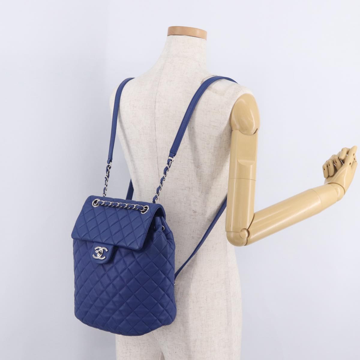 CHANEL Matelasse Chain Backpack Lamb Skin Blue Silver CC Auth ep16668SAM