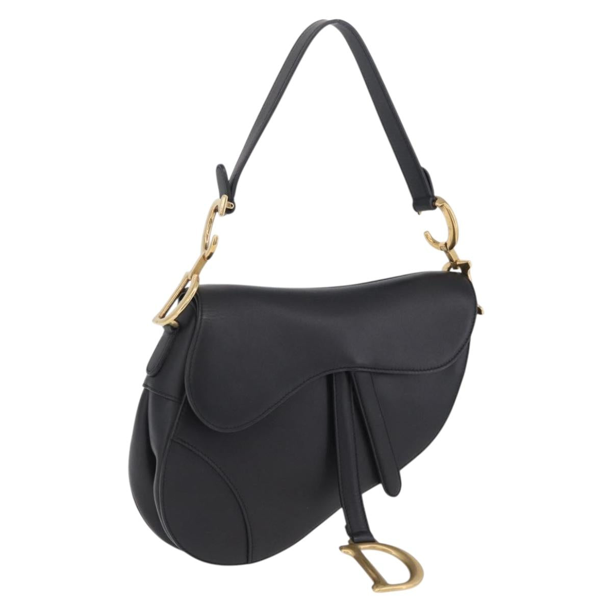 Christian Dior Saddle Shoulder Bag Leather Black Gold Tone Auth ep16697M