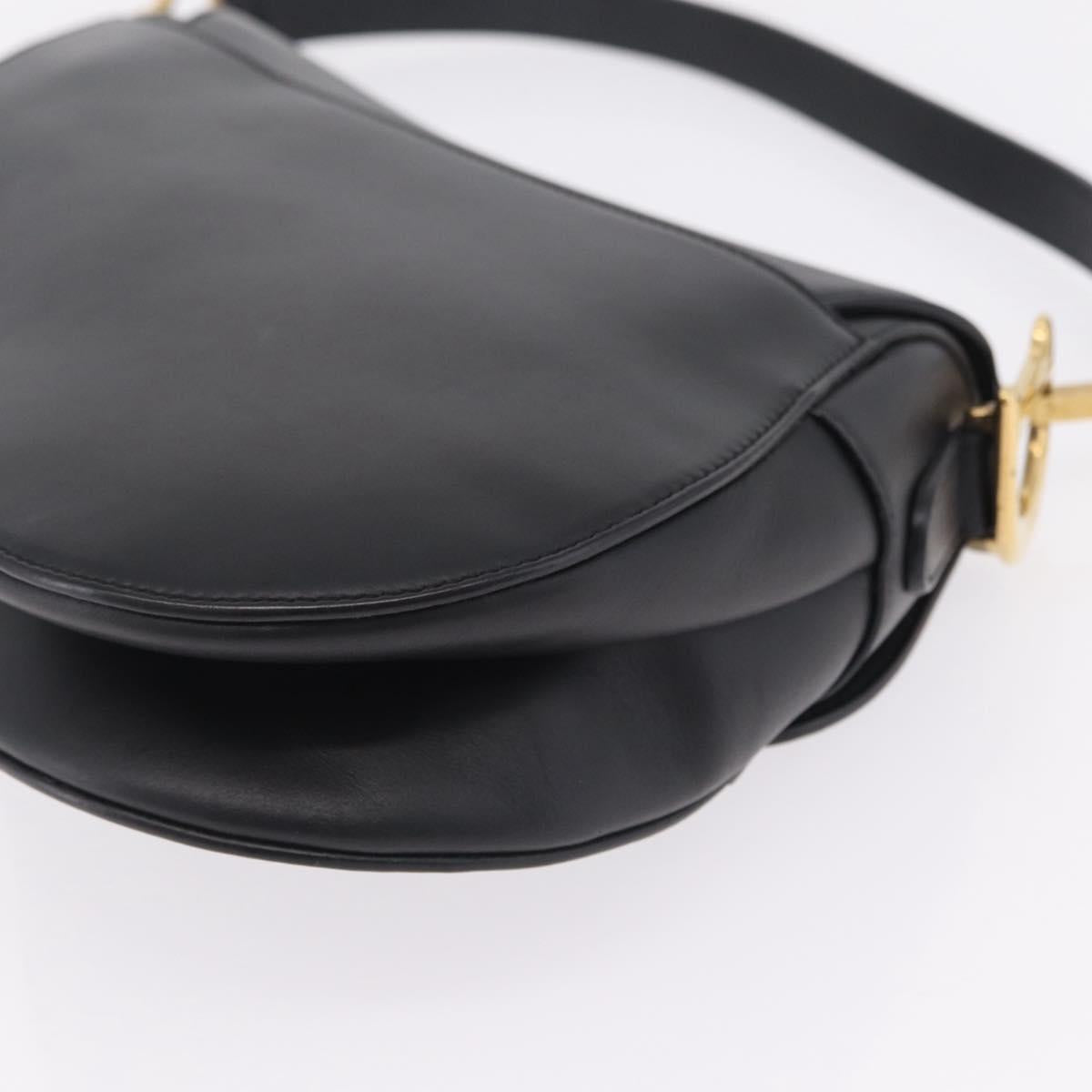Christian Dior Saddle Shoulder Bag Leather Black Gold Tone Auth ep16697M
