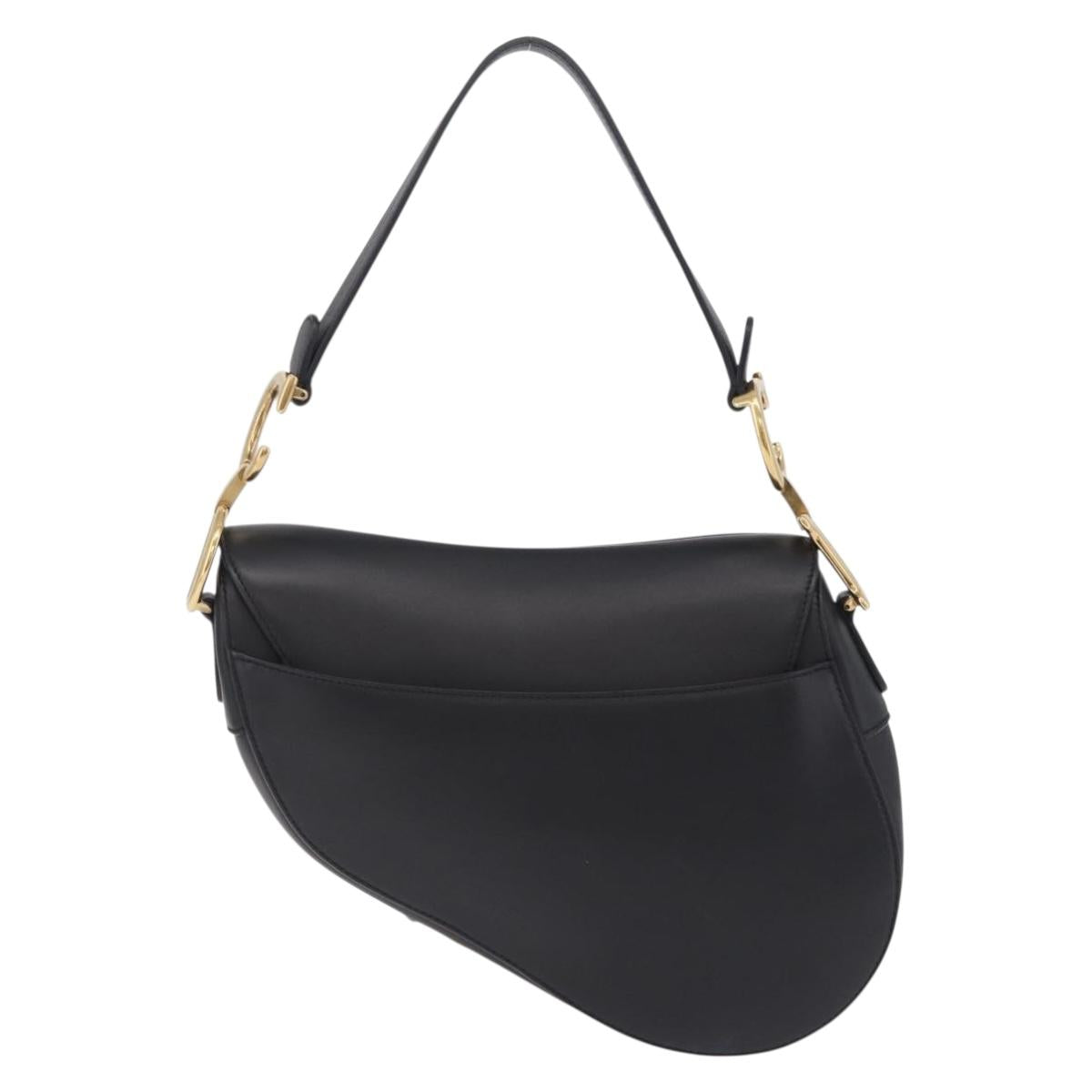 Christian Dior Saddle Shoulder Bag Leather Black Gold Tone Auth ep16697M