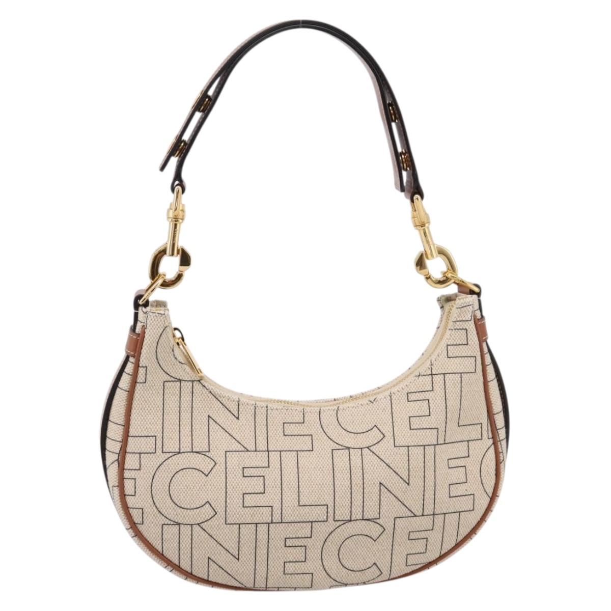 CELINE Medium Ava Shoulder Bag Canvas Beige Gold Tone Auth ep16729M