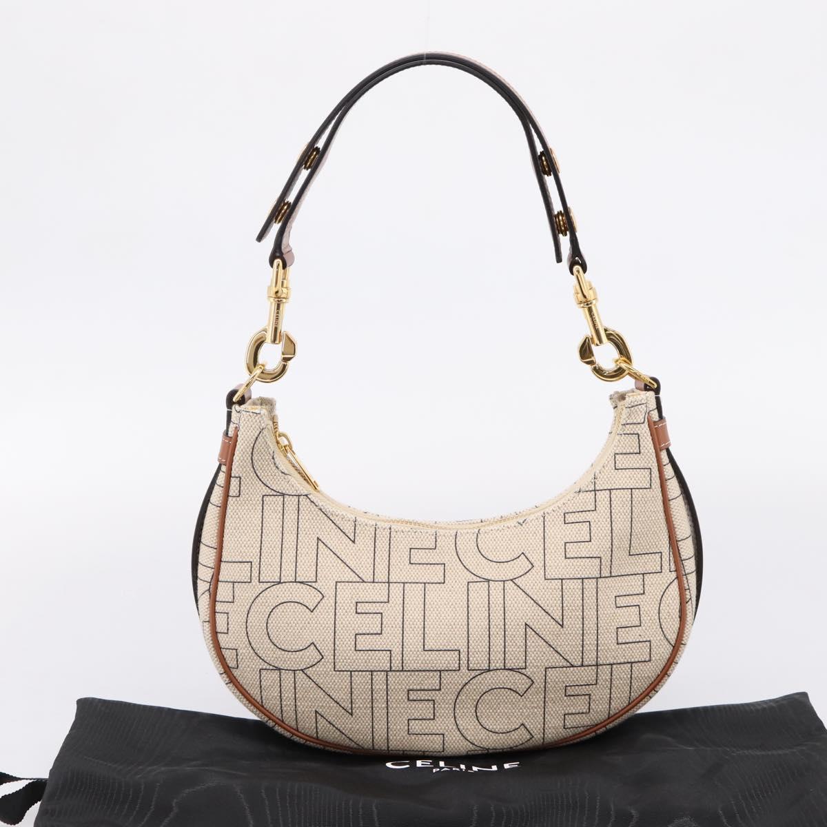 CELINE Medium Ava Shoulder Bag Canvas Beige Gold Tone Auth ep16729M