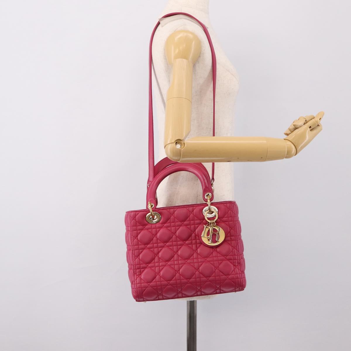 Christian Dior Lady Dior Canage Hand Bag Leather 2way Pink Gold Auth ep16732M