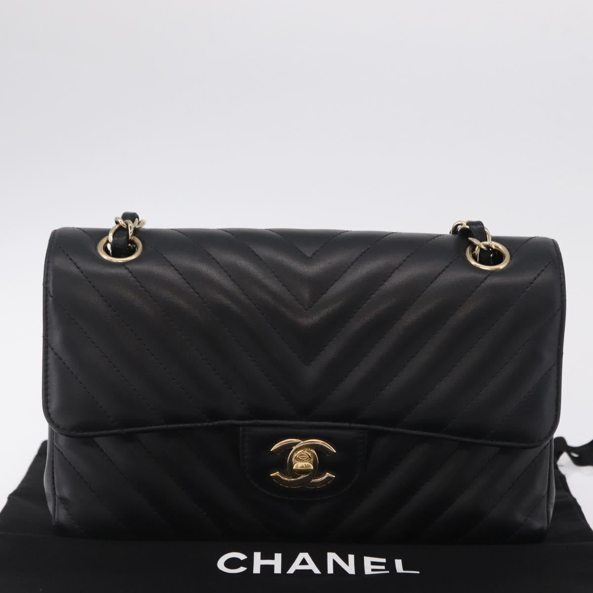 CHANEL V-stitch Double Flap Chain Shoulder Bag Lamb Skin Black CC ep16740SAM