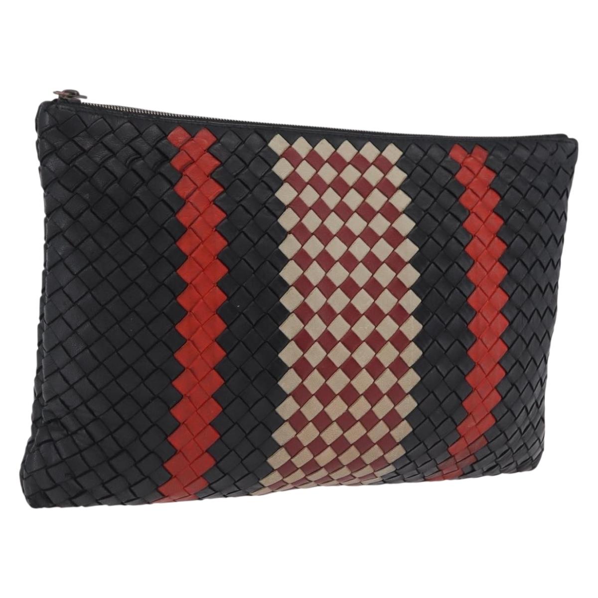 Bottega Veneta INTRECCIATO Clutch Bag Leather Black Red Auth ep16743