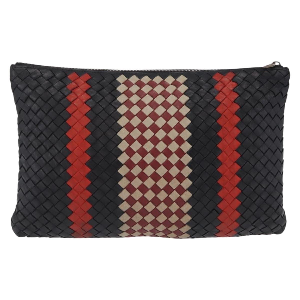 Bottega Veneta INTRECCIATO Clutch Bag Leather Black Red Auth ep16743