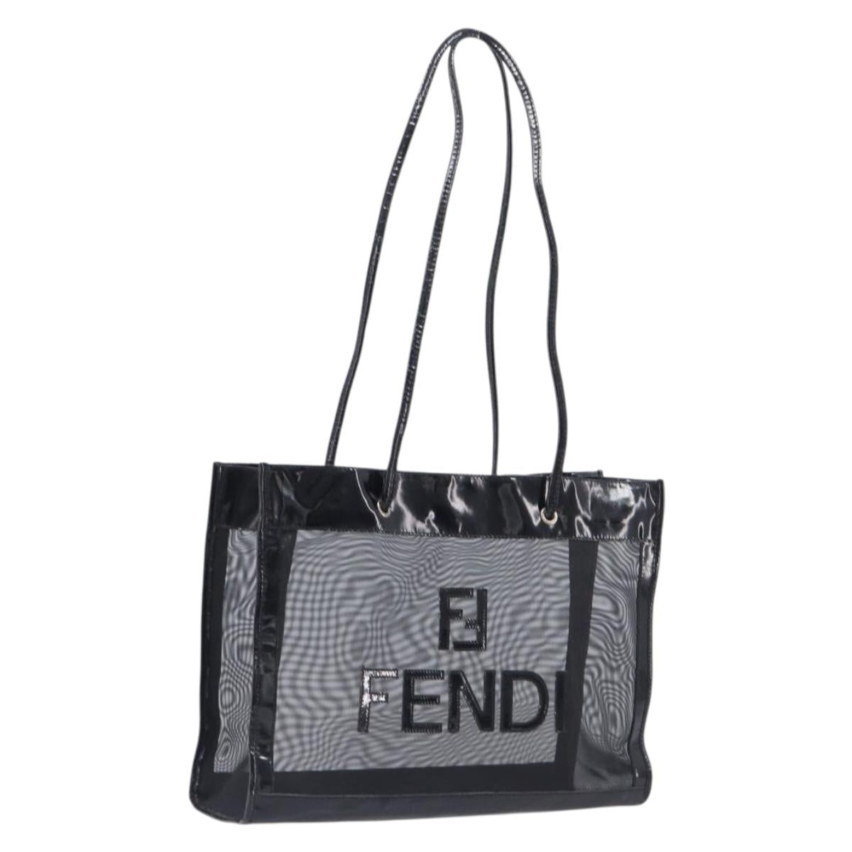 FENDI Tote Bag Patent Mesh Black Silver Auth ep16745