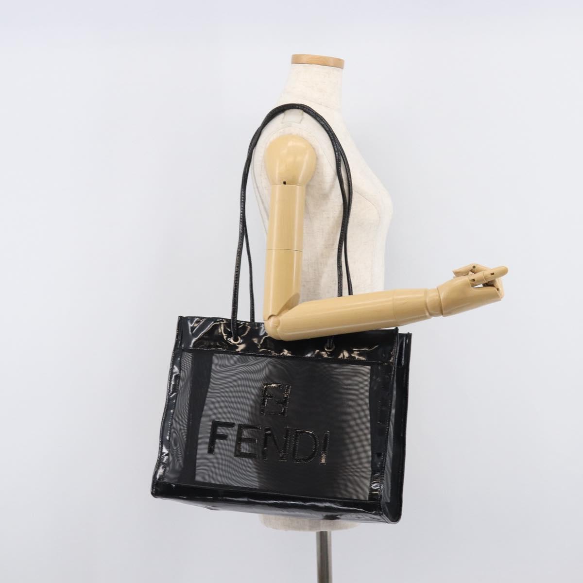 FENDI Tote Bag Patent Mesh Black Silver Auth ep16745