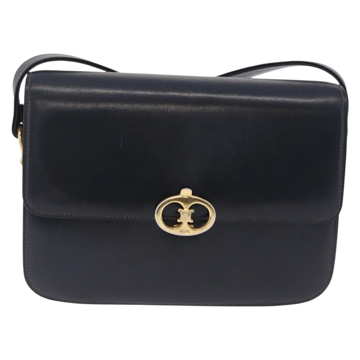 CELINE Shoulder Bag Leather Navy Gold Tone Auth ep16758