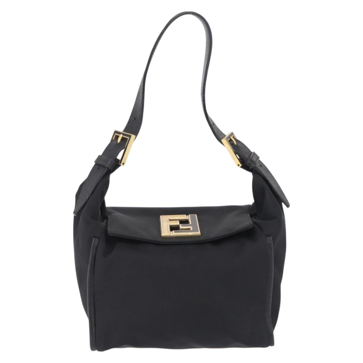 FENDI Hand Bag Nylon Black Gold Tone Auth ep16768