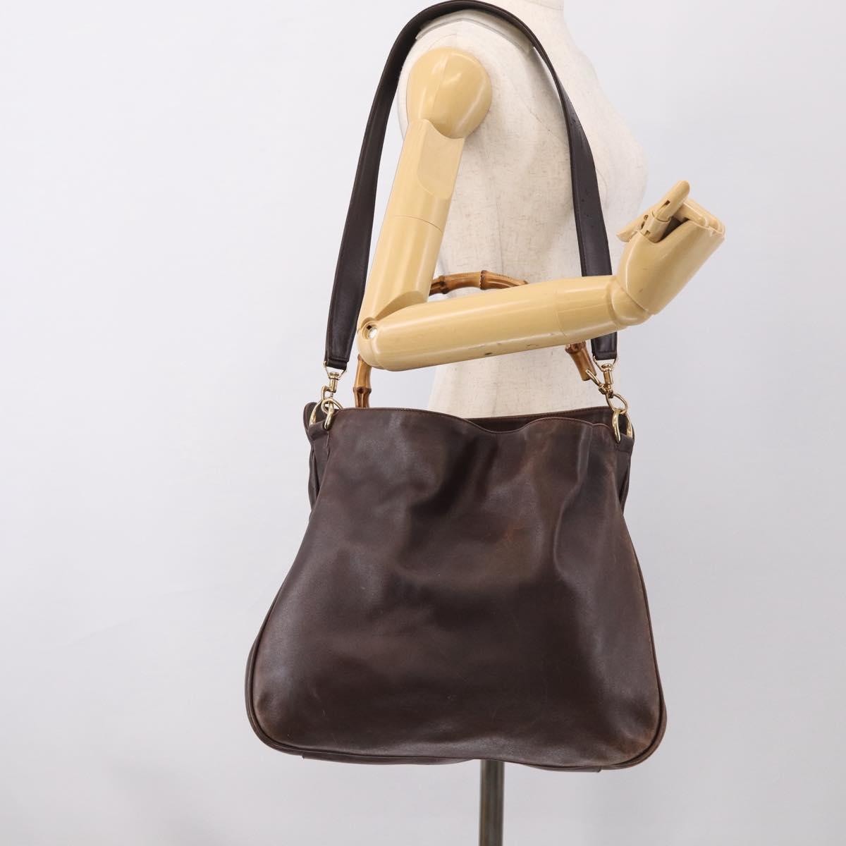 GUCCI Bamboo Hand Bag Leather 2way Brown Gold Tone 001 2123 1577 Auth ep16776