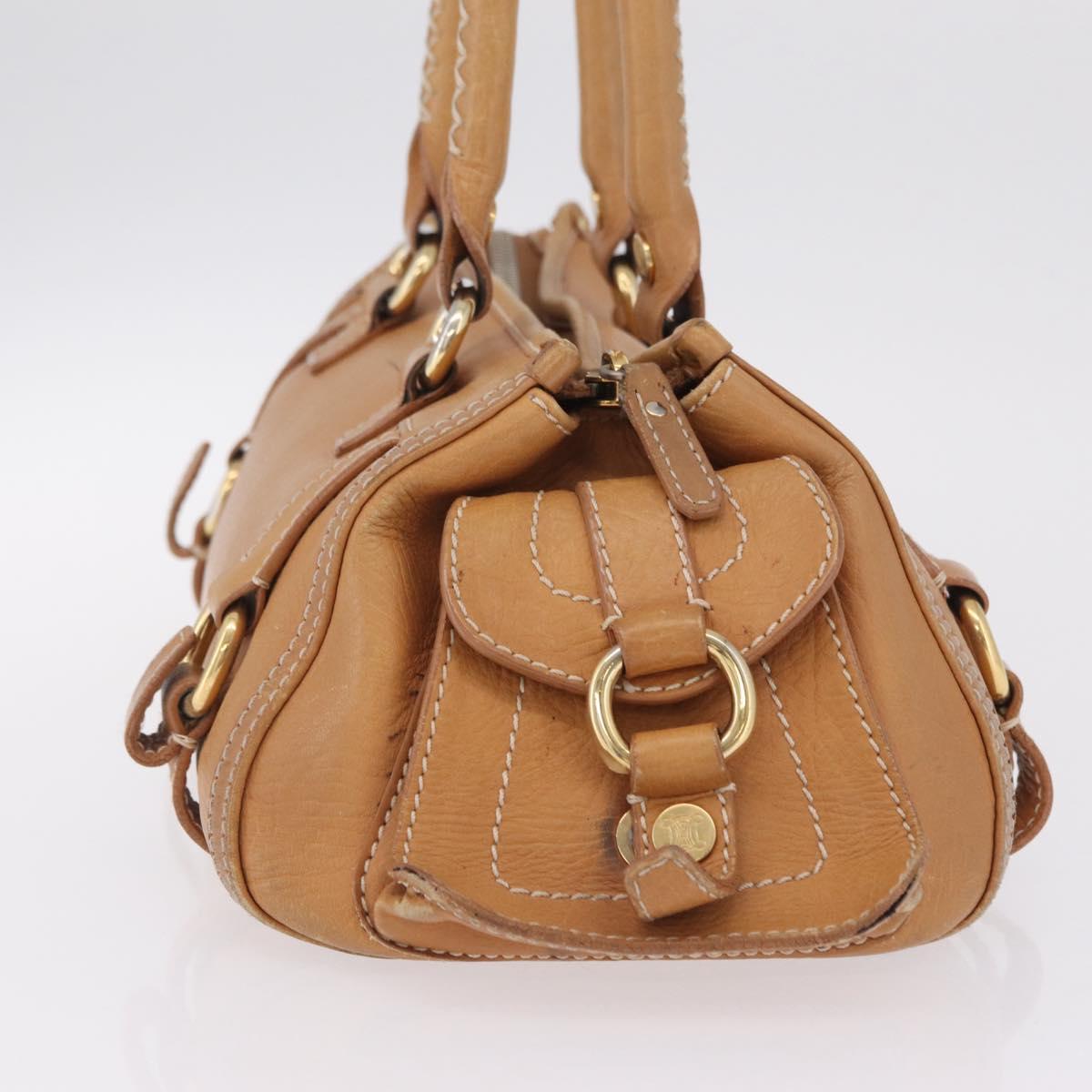 CELINE Hand Bag Leather Beige Gold Tone Auth ep16789A