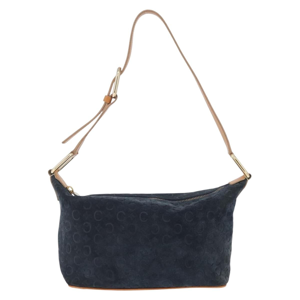 CELINE C Macadam Canvas Shoulder Bag Suede Navy Gold Auth ep16792A
