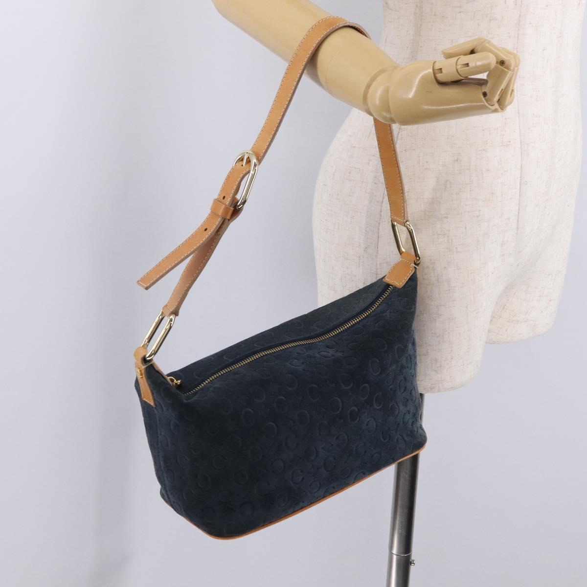 CELINE C Macadam Canvas Shoulder Bag Suede Navy Gold Auth ep16792A