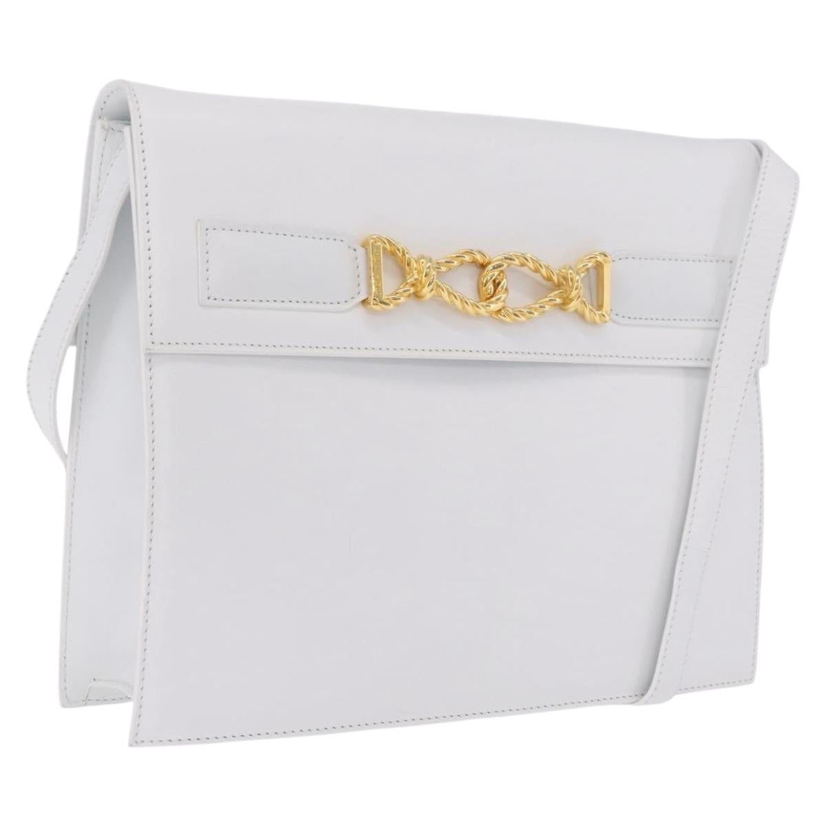 CELINE Shoulder Bag Leather White Gold Auth ep16793A
