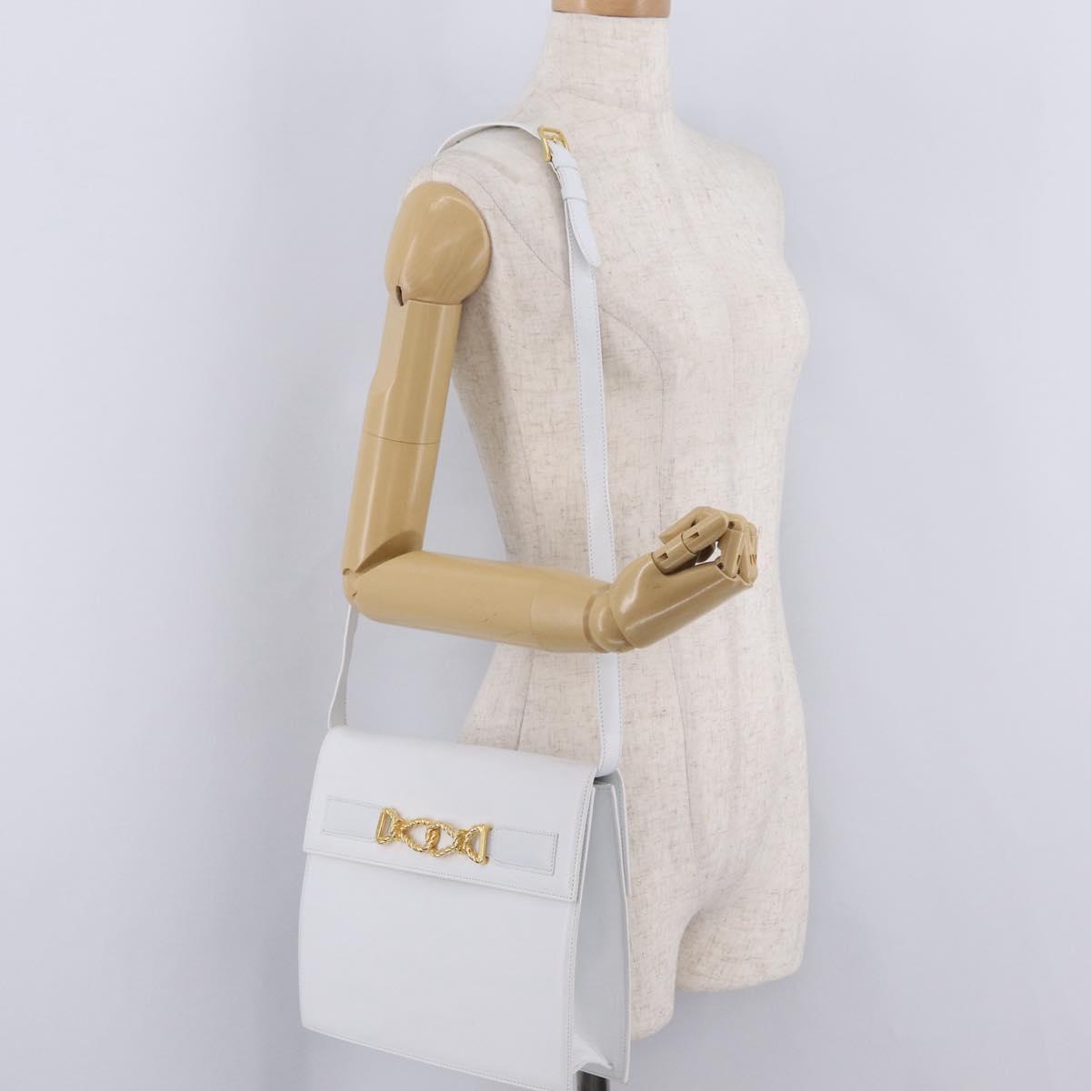 CELINE Shoulder Bag Leather White Gold Auth ep16793A