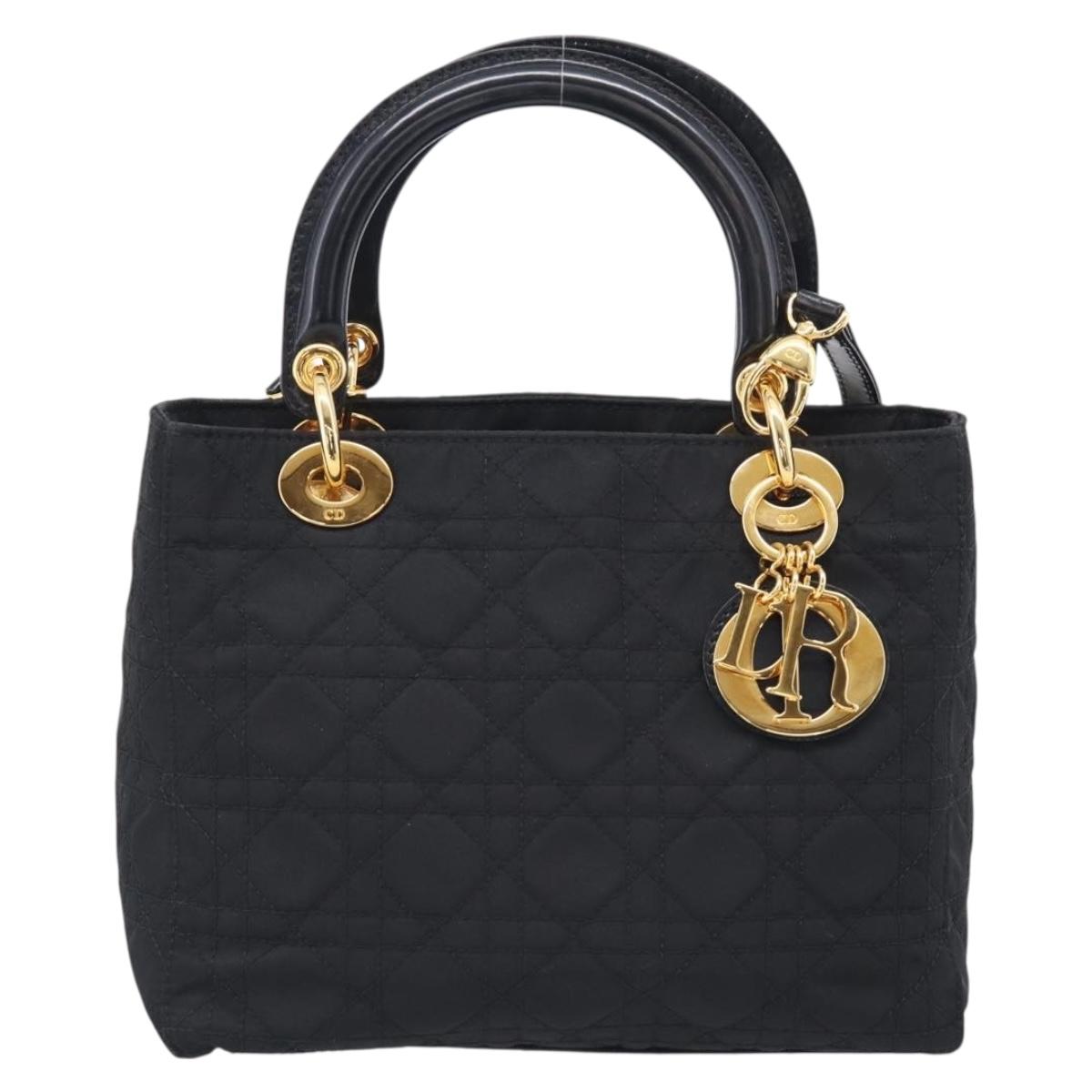 Christian Dior Lady Dior Canage Hand Bag Nylon 2way Black Gold Auth ep16794V