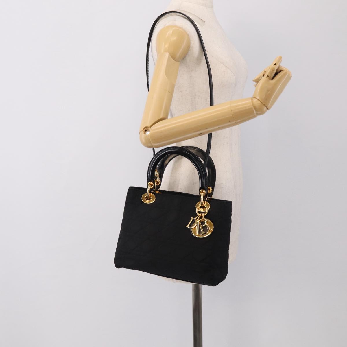 Christian Dior Lady Dior Canage Hand Bag Nylon 2way Black Gold Auth ep16794V