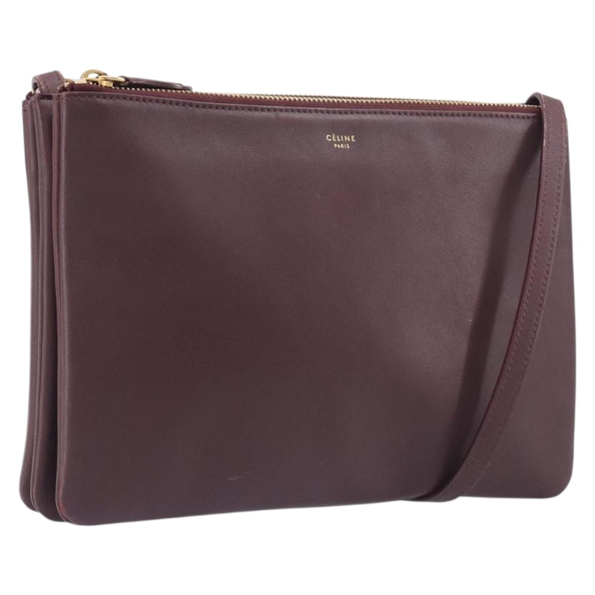 CELINE trio Shoulder Bag Leather Bordeaux Gold Auth ep16797A