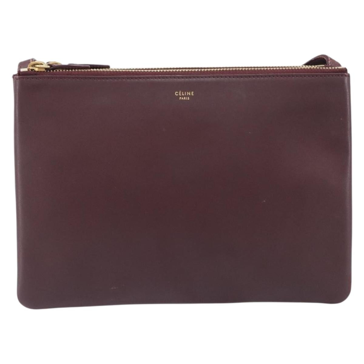 CELINE trio Shoulder Bag Leather Bordeaux Gold Auth ep16797A