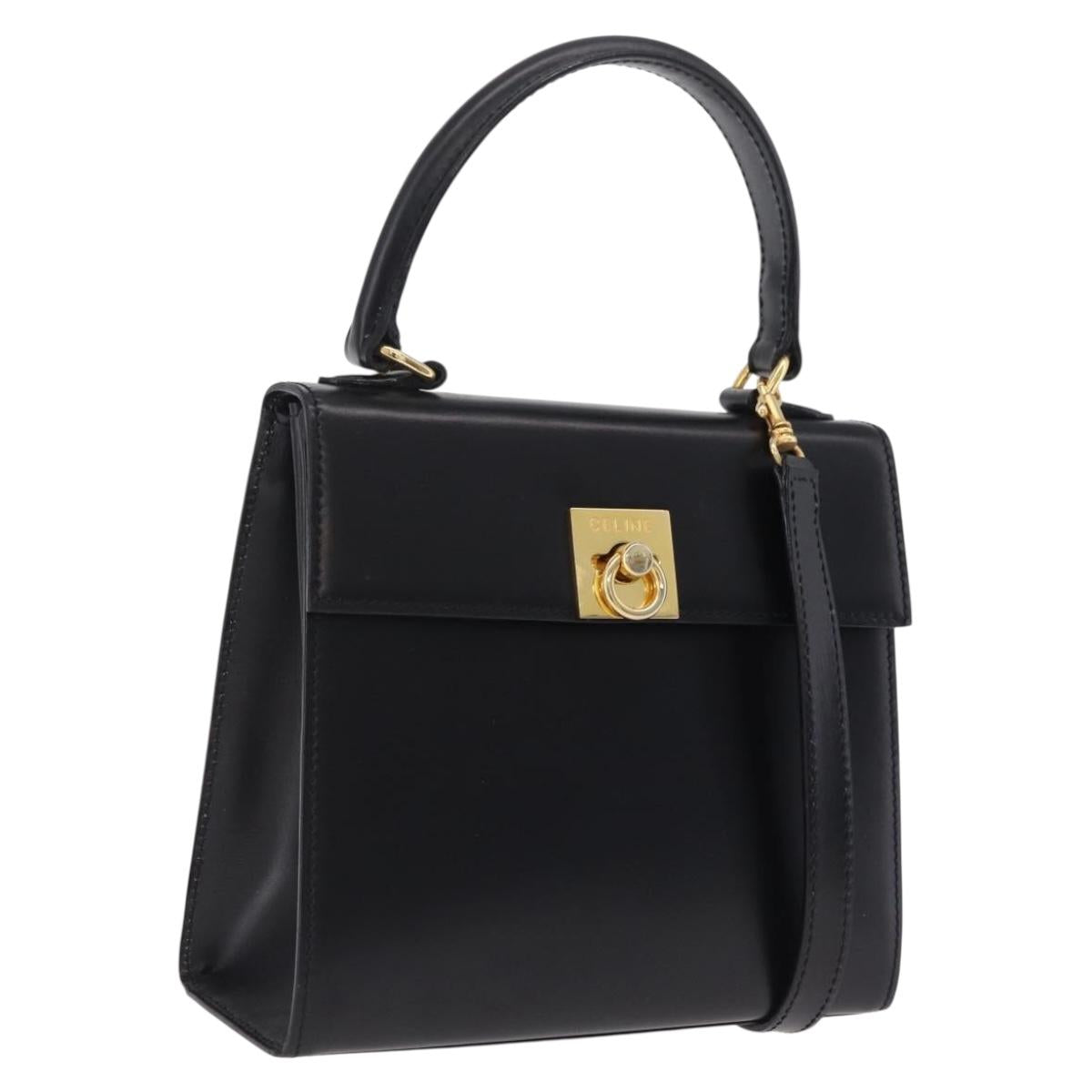CELINE Hand Bag Leather 2way Black Gold Auth ep16836V