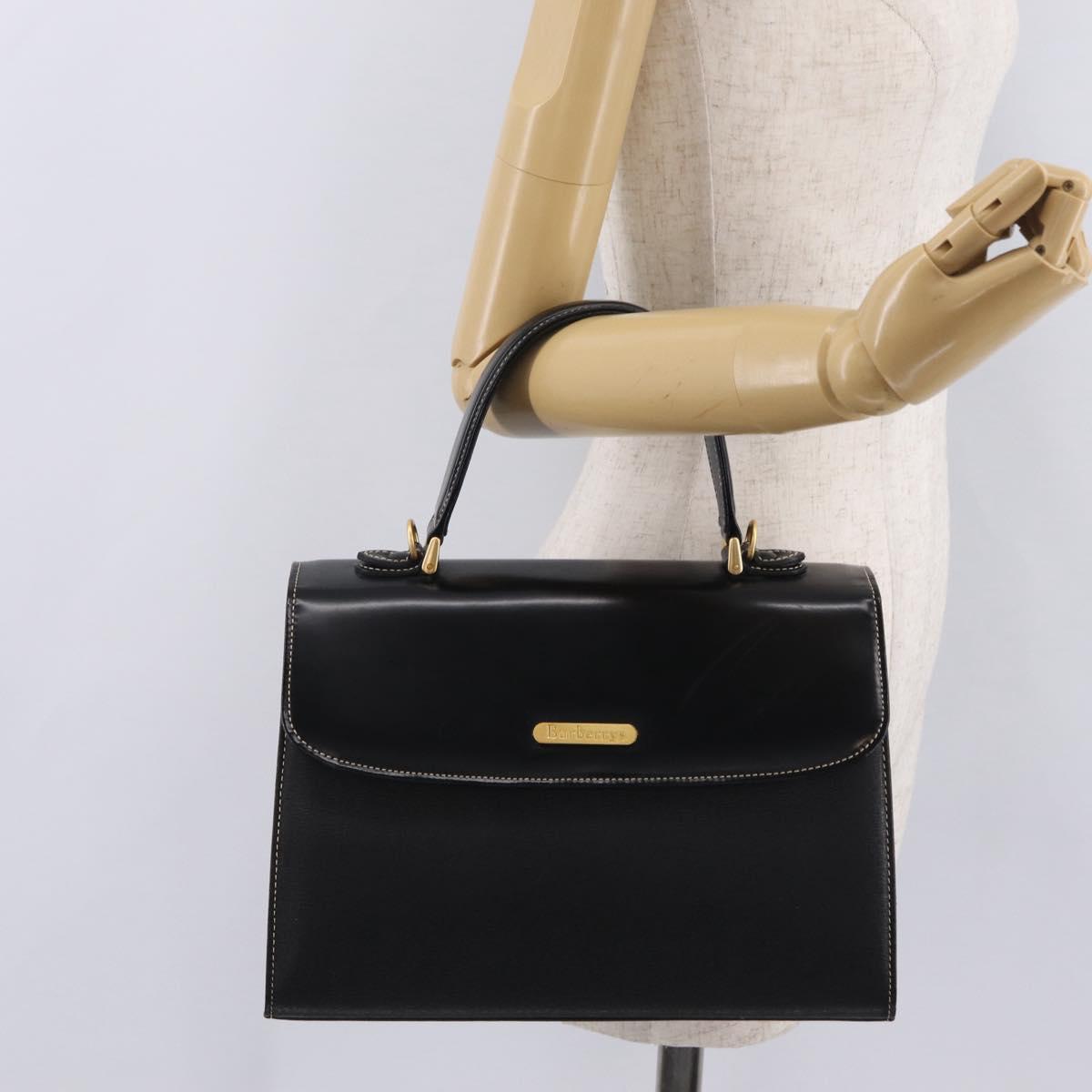 Burberrys Hand Bag Leather Black Gold Auth ep16840A