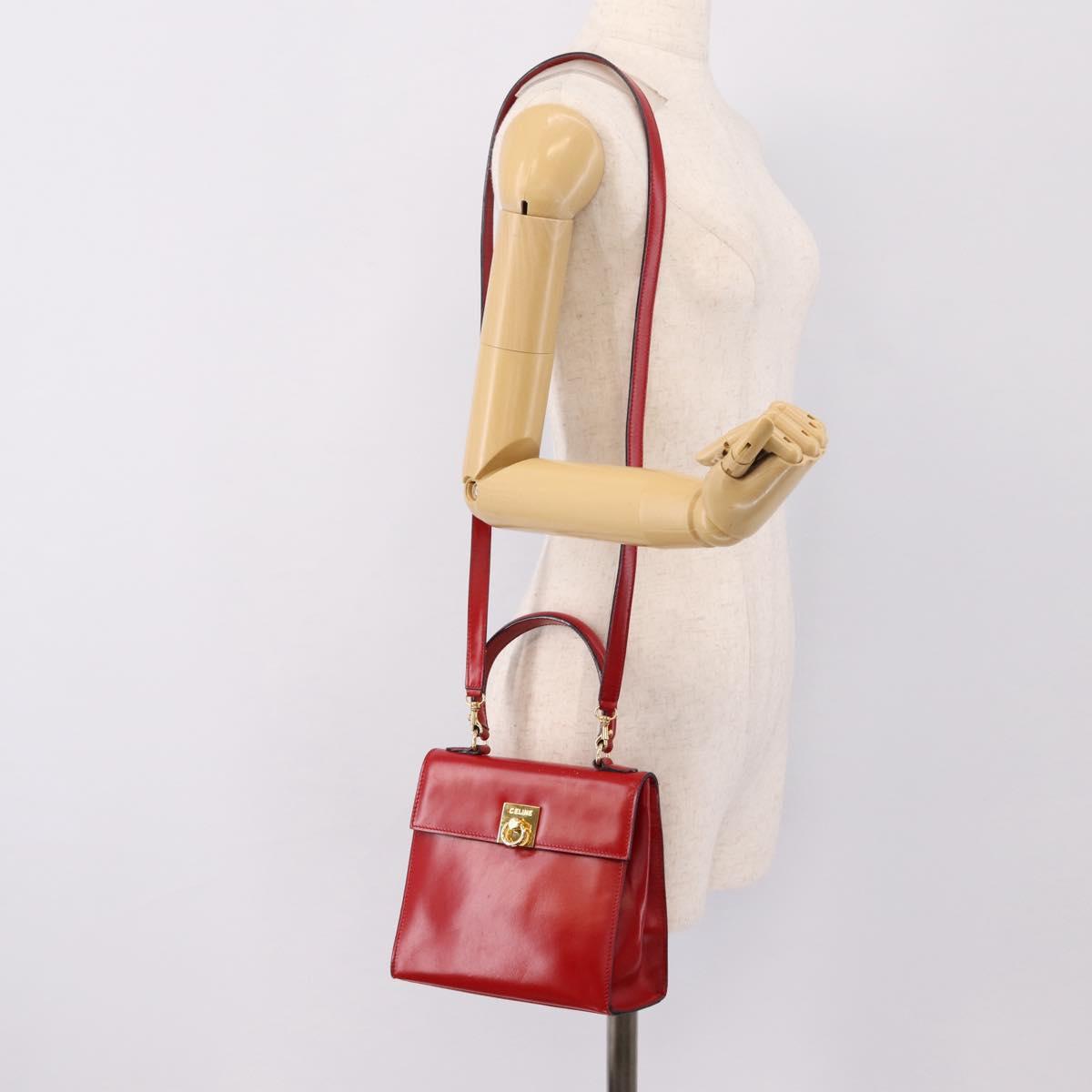 CELINE Hand Bag Leather 2way Red Gold Auth ep16885A
