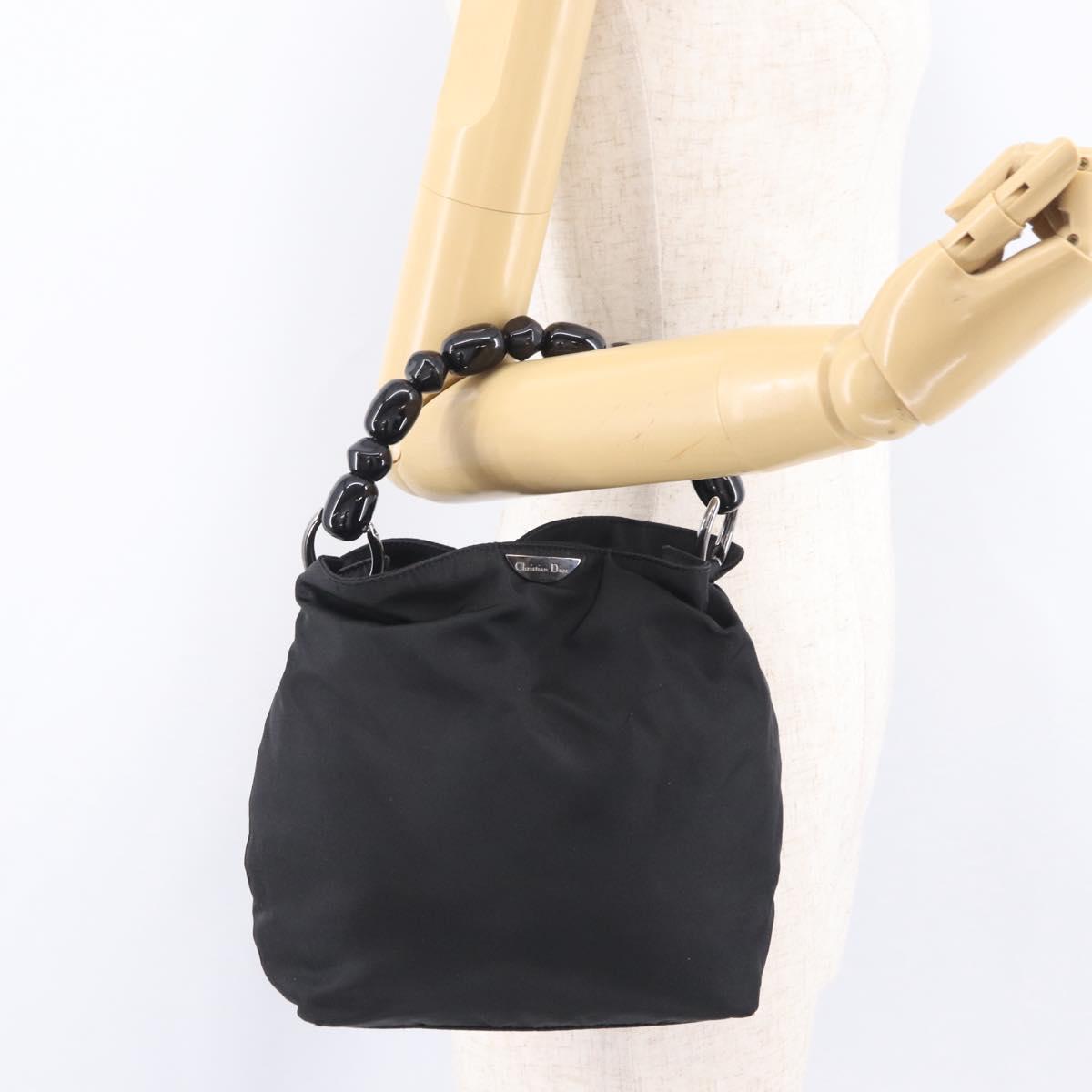 Christian Dior Maris Pearl Hand Bag Nylon Black Silver Auth ep16889