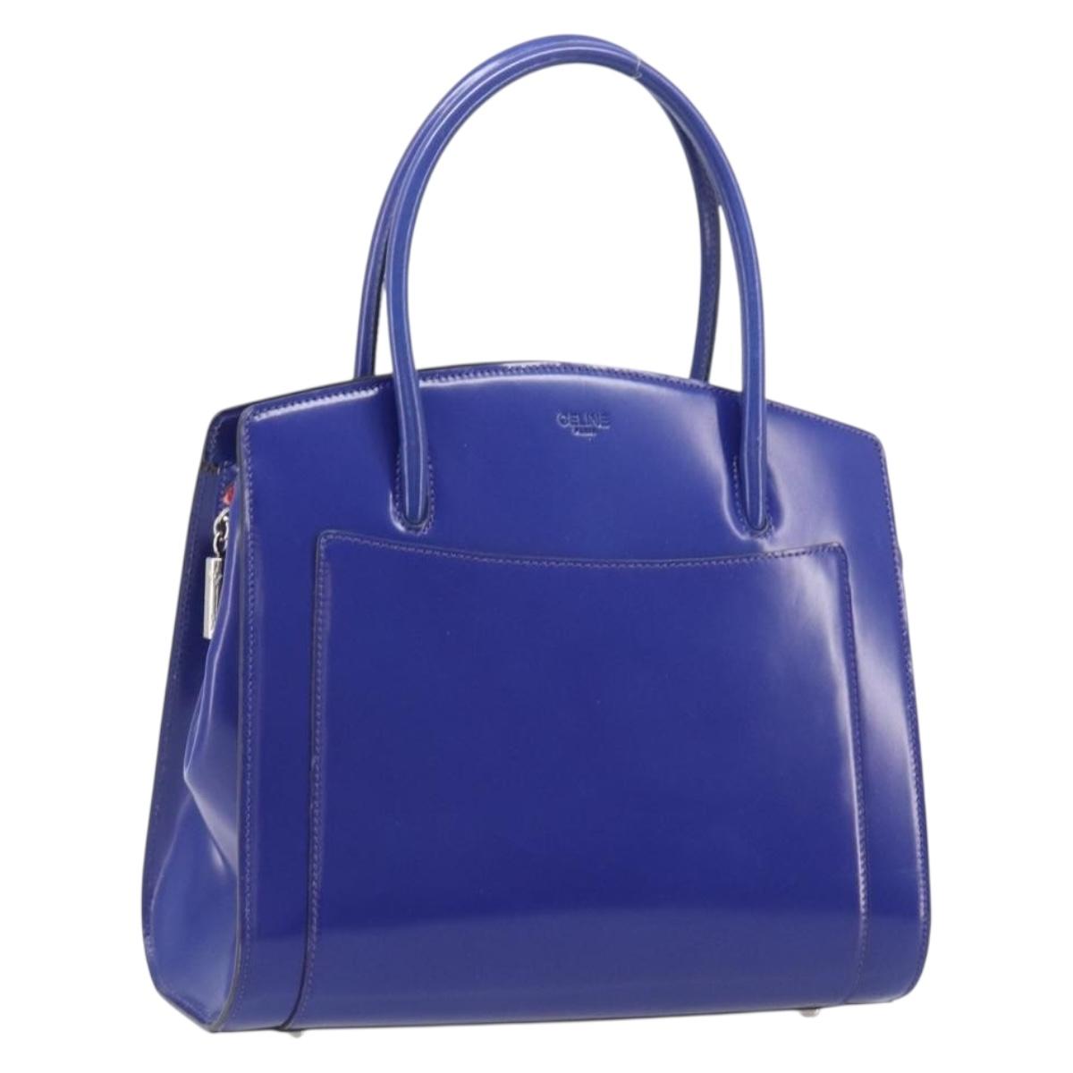 CELINE Hand Bag Patent Leather Blue Silver Auth ep16895