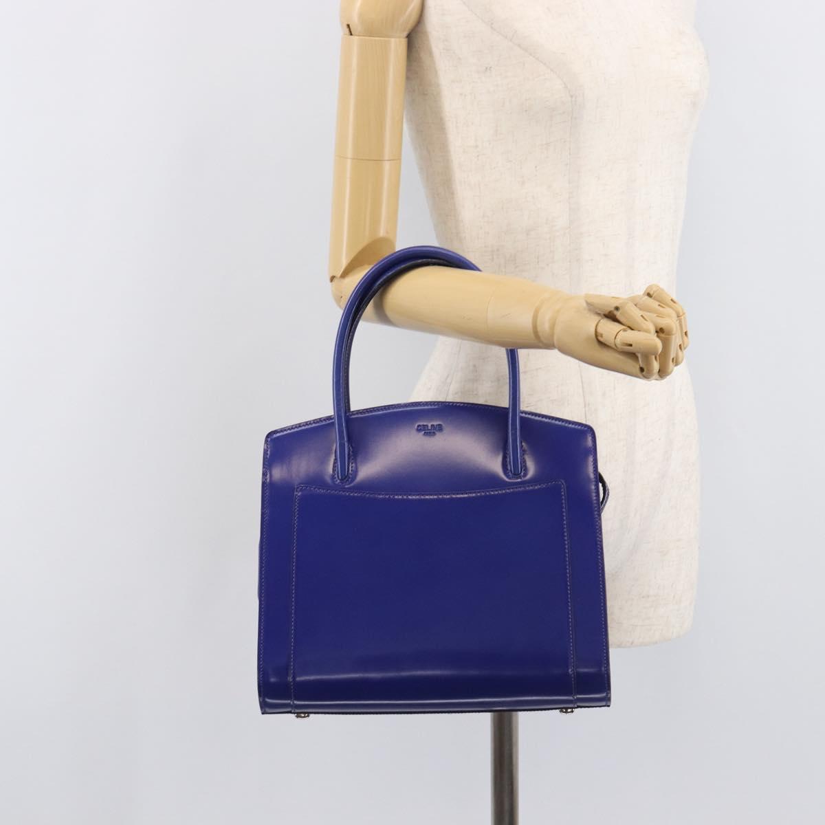 CELINE Hand Bag Patent Leather Blue Silver Auth ep16895