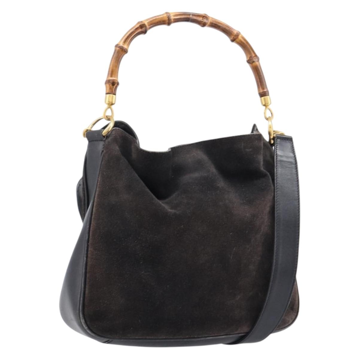 GUCCI Hand Bag Suede 2way Black Gold 001 1732 1638 Auth ep16913
