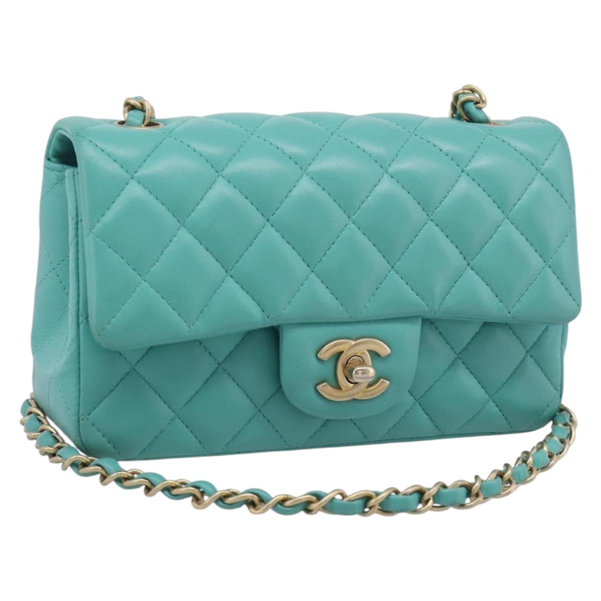 CHANEL Mini Matelasse 20 Chain Bag Lamb Skin Green Gold CC Auth ep16926SAM