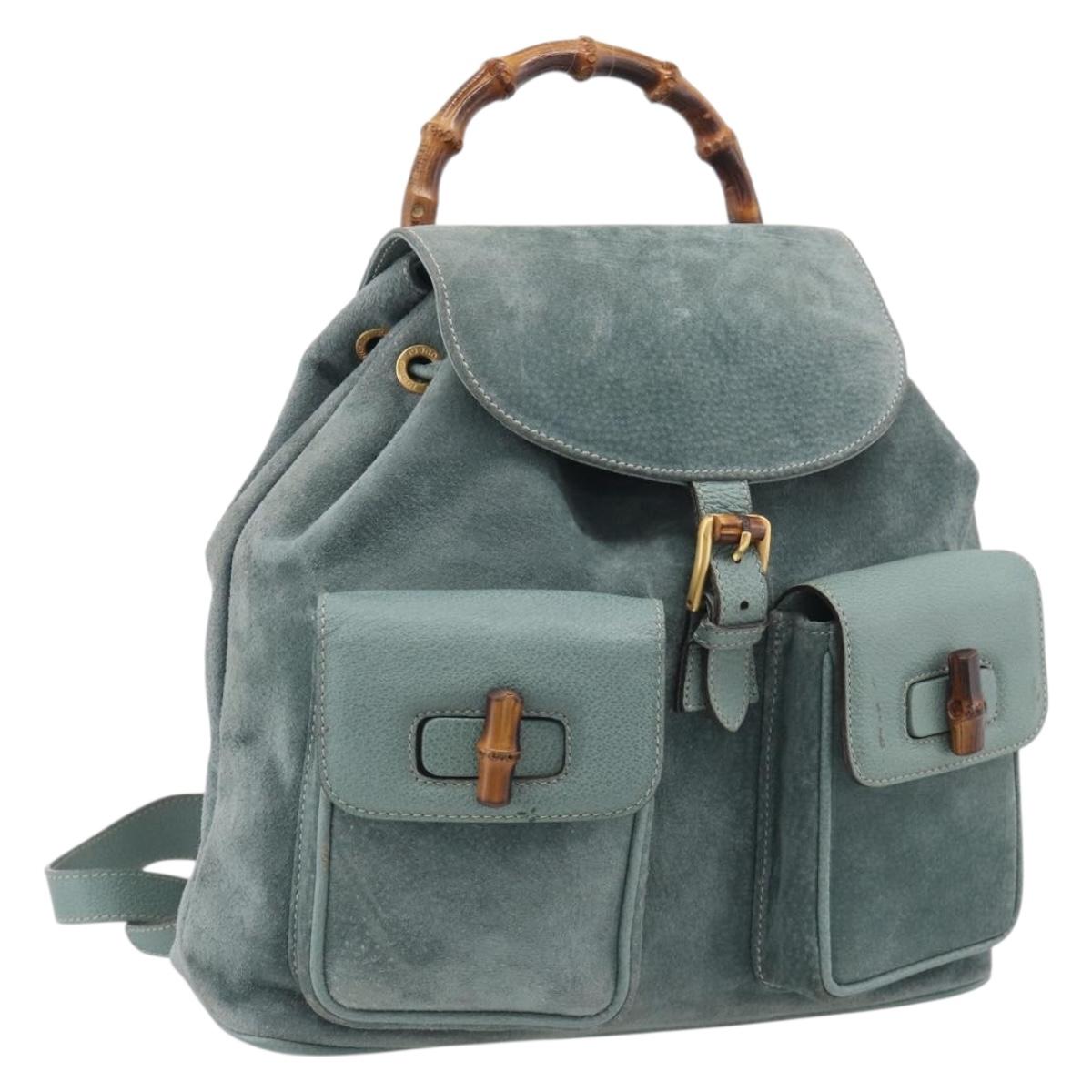 GUCCI Bamboo Backpack Suede Green Gold Tone 003 2058 0016 Auth ep16946