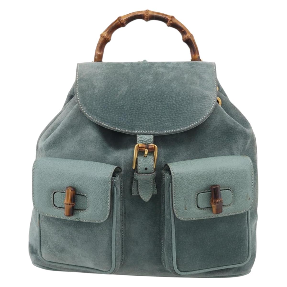 GUCCI Bamboo Backpack Suede Green Gold Tone 003 2058 0016 Auth ep16946