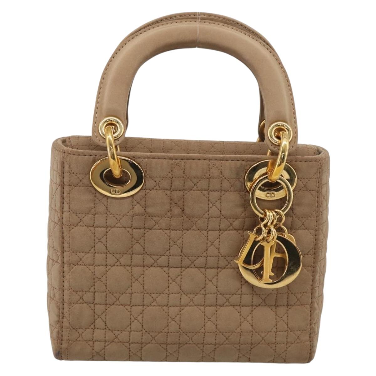 Christian Dior Lady Dior Canage Hand Bag Canvas Beige Gold Tone Auth ep16955
