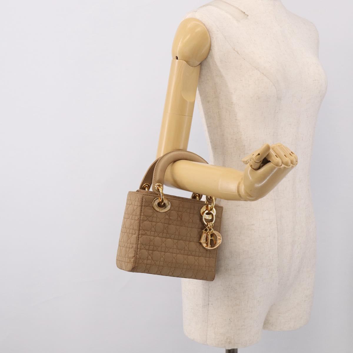 Christian Dior Lady Dior Canage Hand Bag Canvas Beige Gold Tone Auth ep16955