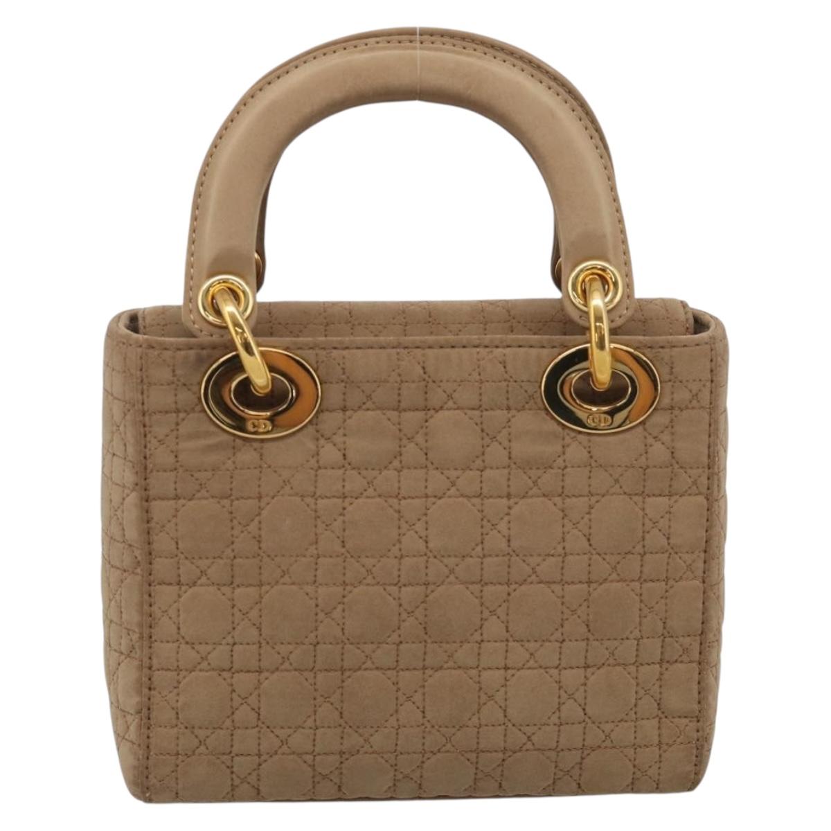Christian Dior Lady Dior Canage Hand Bag Canvas Beige Gold Tone Auth ep16955